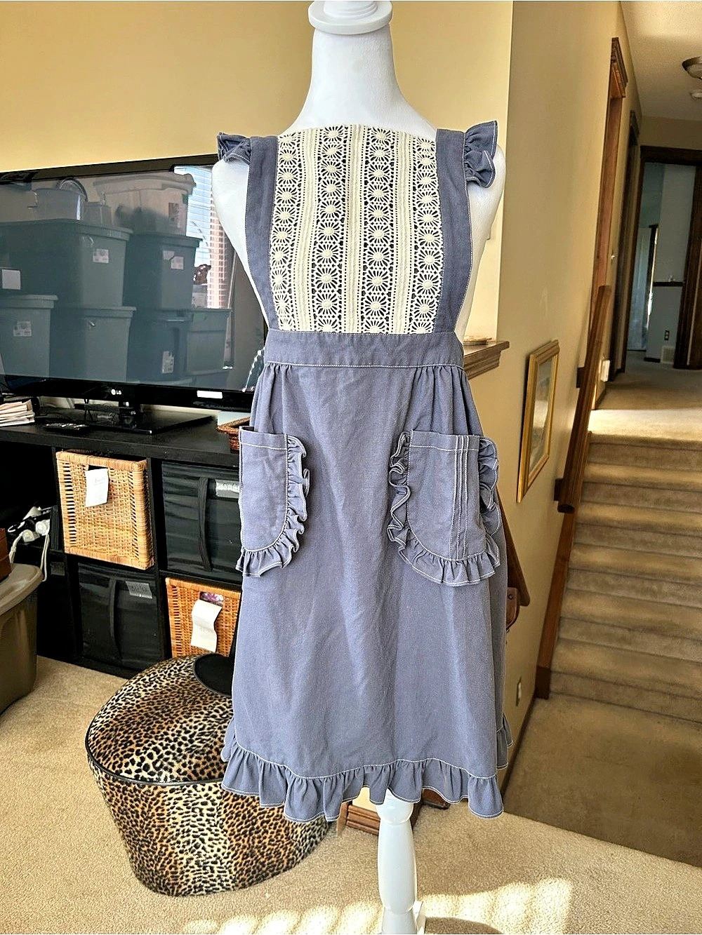 Blue & White Ruffle cooking/craft Apron- one size